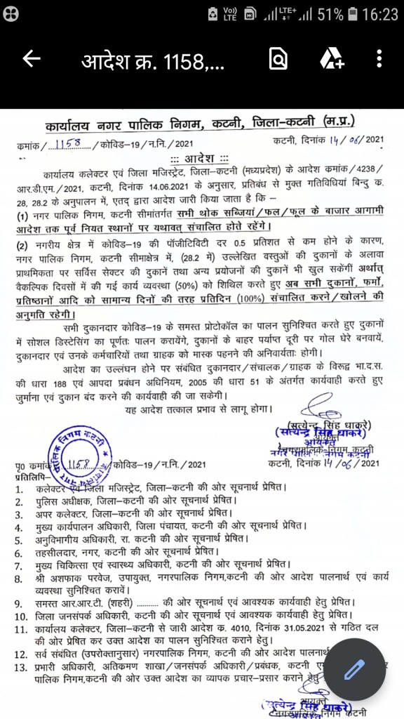 Unlock Katni Update: बड़ी खबर: कटनी में अब अनलॉक ऑड-इवन समाप्त, सभी दिन खुल सकेंगी दुकानें, देखें आदेश 23 unlock katni update