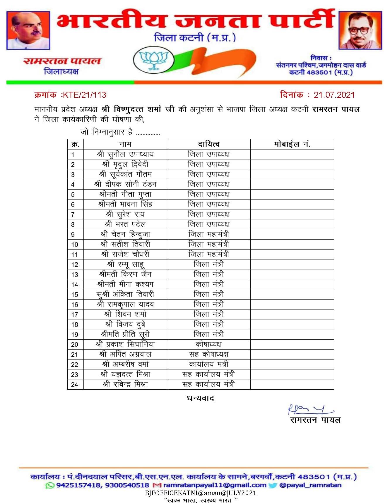 Bjp Katni Executive body: कटनी जिला भाजपा की कार्यकारिणी घोषित, कई चौकानें वाले नाम; देखें सूची