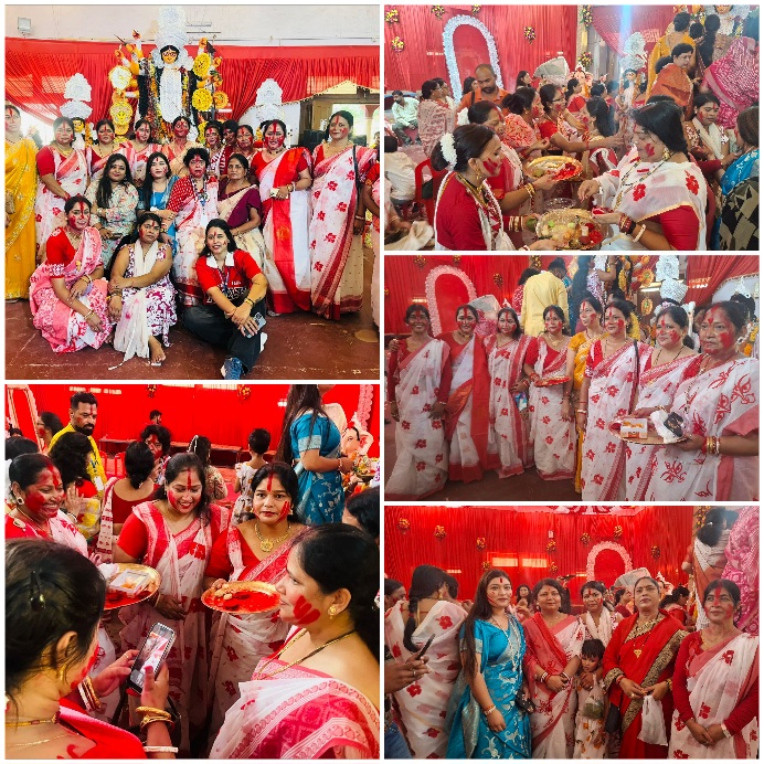 बंगाली दुर्गा समिति की शोभायात्रा श्रद्धालुओं ने उत्साह के साथ 'सिंदूर खेला' में हिस्सा लिया