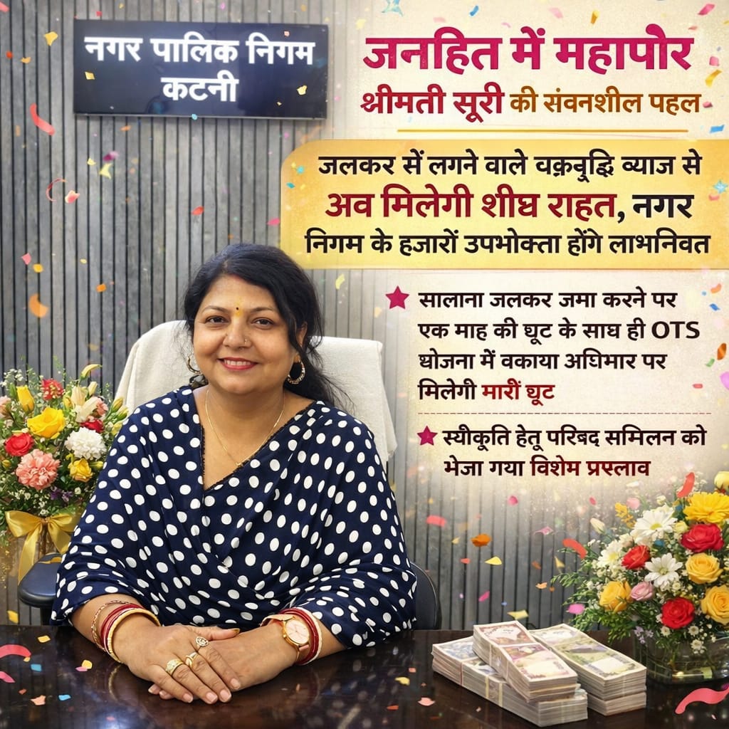 जनहित में महापौर की एक और पहल,जलकर में लगने वाले चक्रवृद्धि ब्याज से अब मिलेगी शीघ्र राहत, नगर निगम के हजारों उपभोक्ता होंगे लाभान्वित,सालाना जलकर जमा करने पर एक माह की छूट के साथ ही OTS योजना में बकाया अधिभार पर मिलेगी भारी छूट,स्वीकृति हेतु परिषद सम्मिलन को भेजा गया विशेष प्रस्ताव 22 IMG 20260407 WA0058