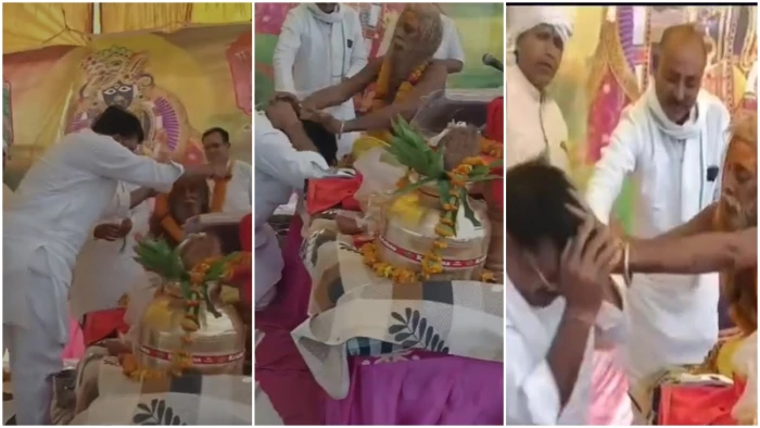 माला पहनाने पहुंचे विधायक पर संत का हमला, मंच पर बरसाए मुक्के; VIDEO वायरल