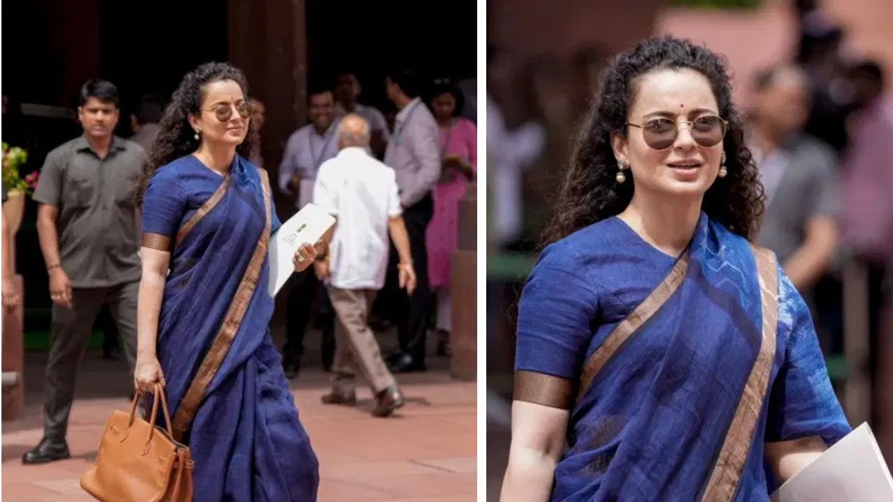 संसद में छाया देसी अंदाज़: ब्लू साड़ी में Kangana Ranaut का रॉयल लुक वायरल