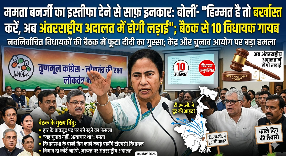 ममता बनर्जी का इस्तीफा देने से साफ़ इनकार: बोलीं- "हिम्मत है तो बर्खास्त करें, अब अंतरराष्ट्रीय अदालत में होगी लड़ाई"; बैठक से 10 विधायक गायब