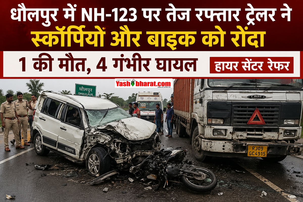 धौलपुर में NH-123 पर तेज रफ्तार ट्रेलर ने स्कॉर्पियो और बाइक को रौंदा, 1 की मौत, 4 गंभीर घायल हायर सेंटर रेफर