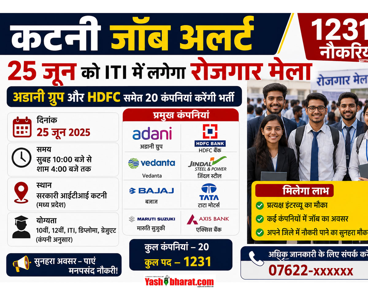 कटनी जॉब अलर्ट: 25 जून को ITI में लगेगा रोजगार मेला; अडानी ग्रुप और HDFC समेत 20 कंपनियां देंगी 1231 नौकरियां 22 कटनी जॉब अलर्ट: 25 जून को ITI में लगेगा रोजगार मेला; अडानी ग्रुप और HDFC समेत 20 कंपनियां देंगी 1231 नौकरियां