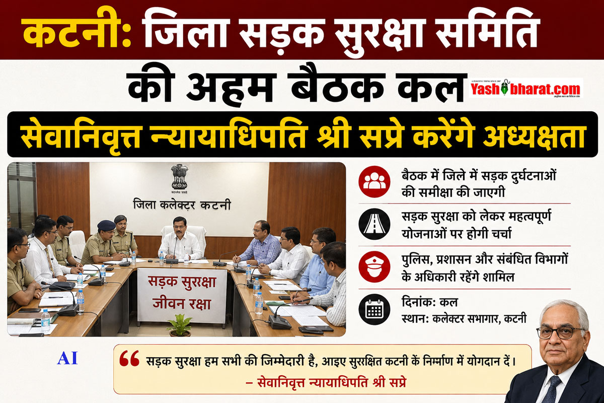 कटनी: जिला सड़क सुरक्षा समिति की अहम बैठक कल, सेवानिवृत्त न्यायाधिपति श्री सप्रे करेंगे अध्यक्षता