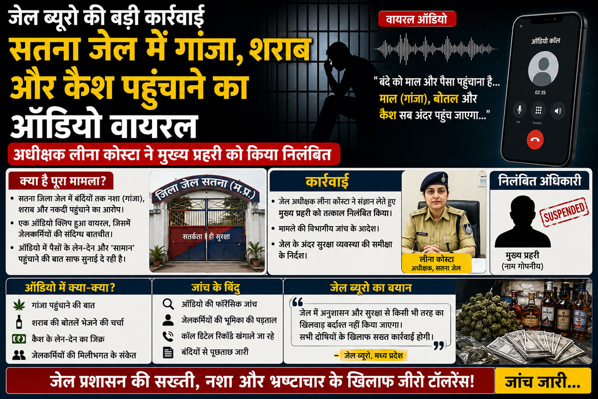 Jail Bureau Action: सतना जेल में गांजा, शराब और कैश पहुंचाने का ऑडियो वायरल; अधीक्षक लीना कोस्टा ने मुख्य प्रहरी को किया निलंबित