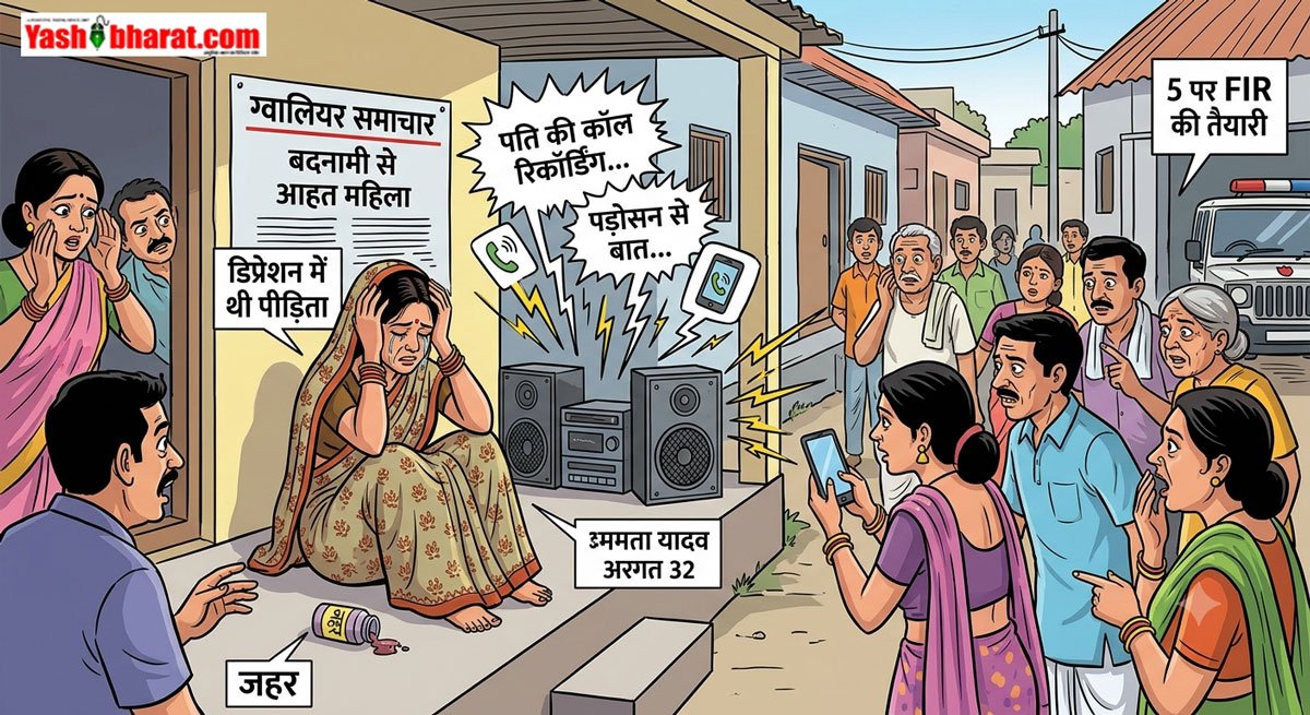 ग्वालियर में बदनामी से आहत महिला ने खाया जहर: लाउडस्पीकर पर कॉल रिकॉर्डिंग बजाने से डिप्रेशन में थी पीड़िता, 5 पर FIR 1 ग्वालियर में बदनामी से आहत महिला ने खाया जहर: लाउडस्पीकर पर कॉल रिकॉर्डिंग बजाने से डिप्रेशन में थी पीड़िता, 5 पर FIR