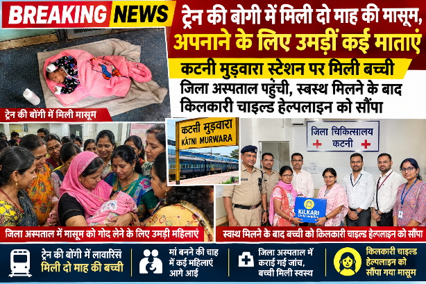 Breking news -ट्रेन की बोगी में मिली दो माह की मासूम, अपनाने के लिए उमड़ीं कई माताएं,कटनी मुड़वारा स्टेशन पर मिली बच्ची जिला अस्पताल पहुंची, स्वस्थ मिलने के बाद किलकारी चाइल्ड हेल्पलाइन को सौंपा 15 file 000000002c4481fdb19e755021ff9fce